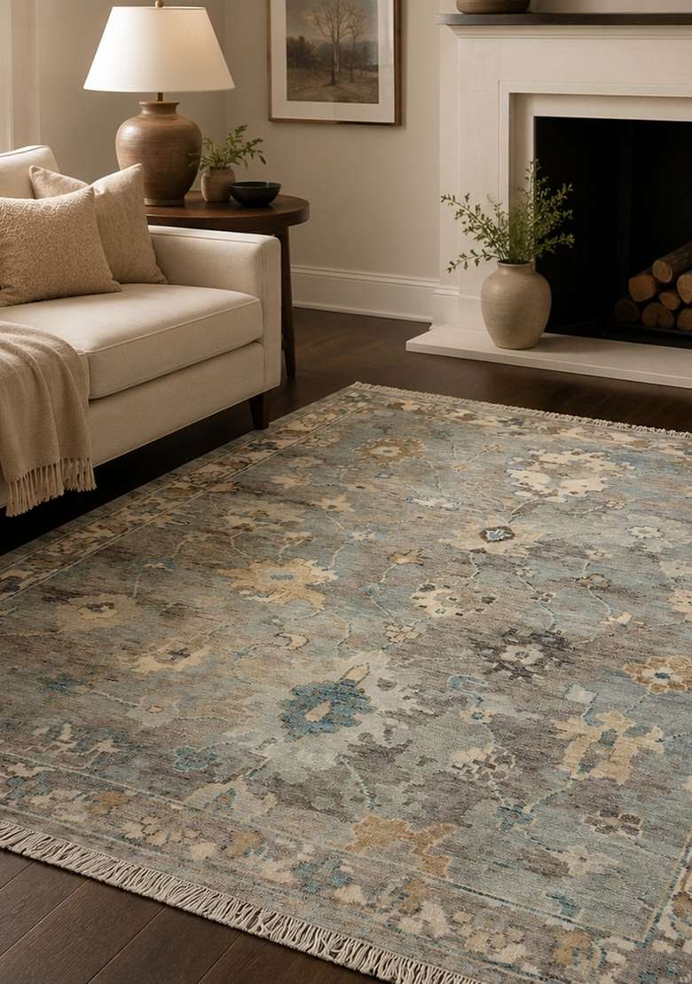 Saffron Rugs Steel Blue Grey Hand Knotted Wool Rectangular Rug - Indya