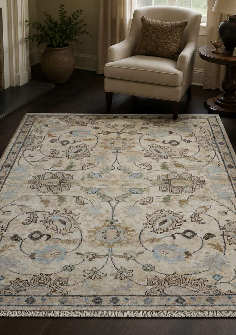 Saffron Rugs Hand Knotted Ivory Beige Wool Rectangular Rug - Indya