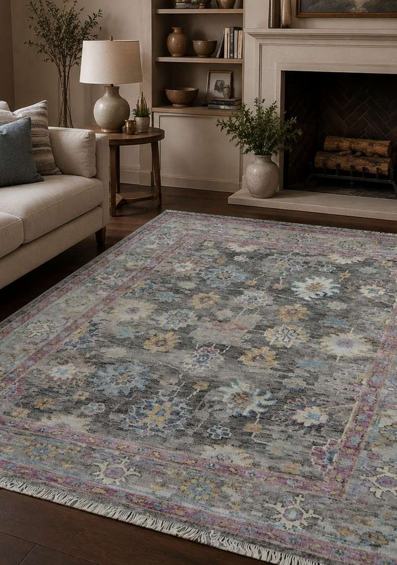 Saffron Rugs Hand Knotted Charcoal Grey Wool Rectangular Rug - Indya