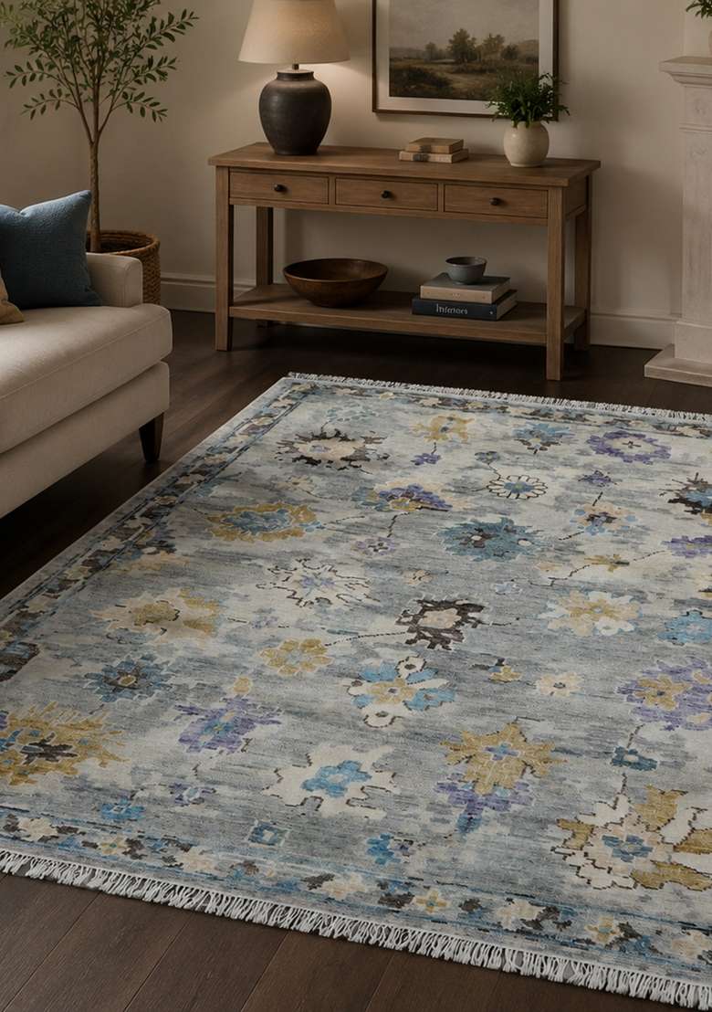 Saffron Rugs Hand Knotted Grey Blue Wool Floral Rectangular Rug - Indya