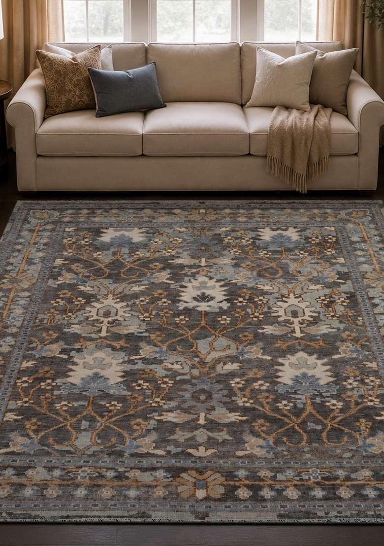 Saffron Rugs Hand Knotted Charcoal Grey Wool Rectangular Rug - Indya
