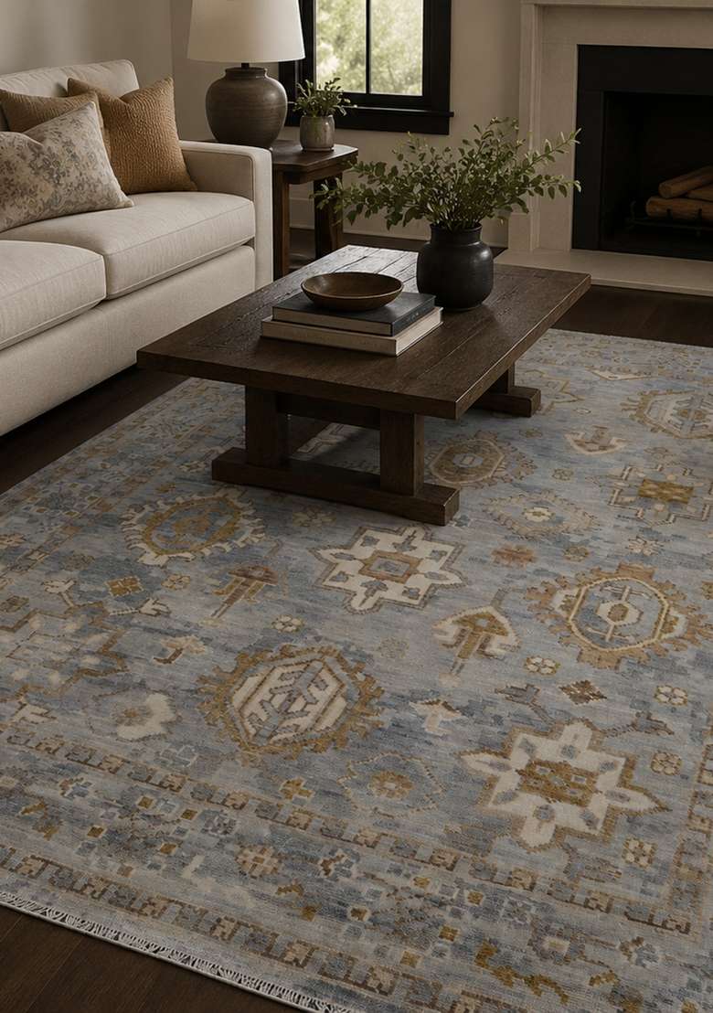 Saffron Rugs Hand Knotted Blue Grey Wool Rectangular Rug - Indya
