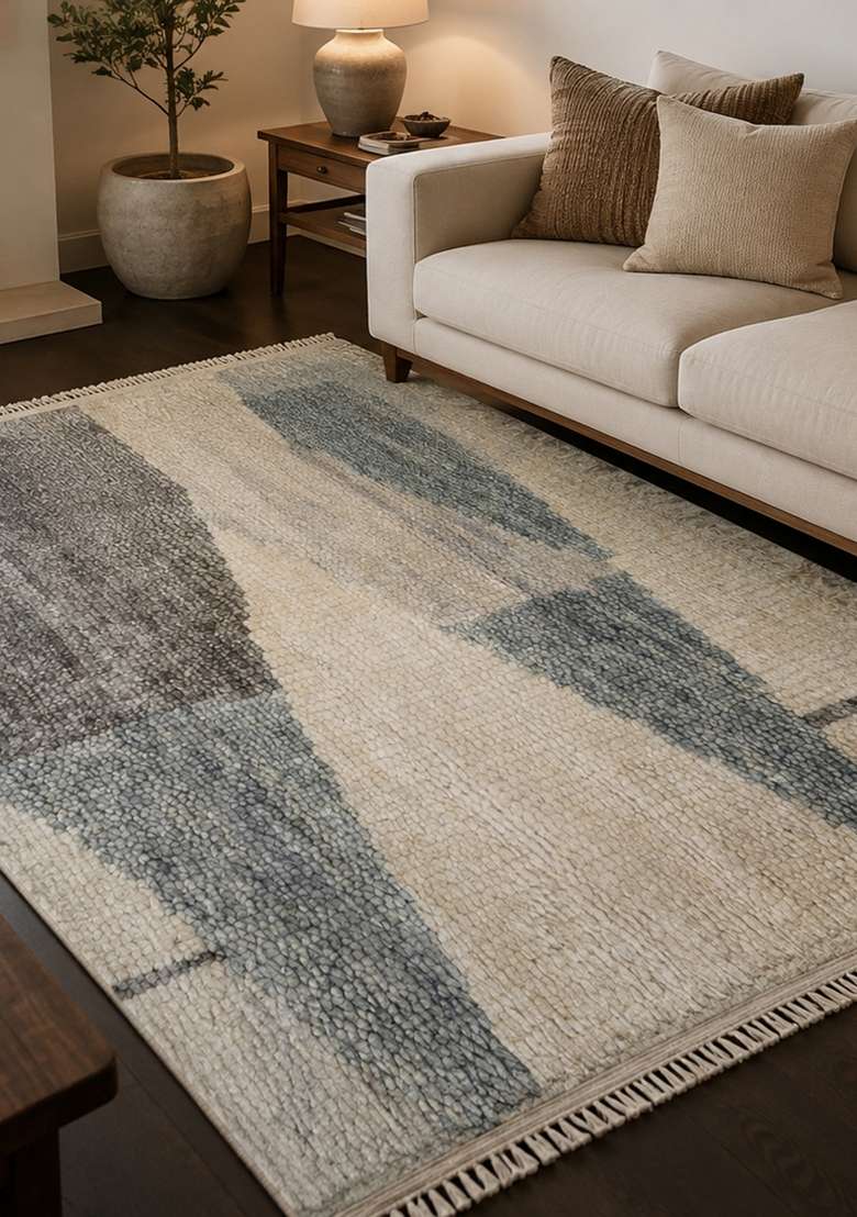 Saffron Rugs Hand Knotted Beige Grey Wool Rectangular Rug - Indya