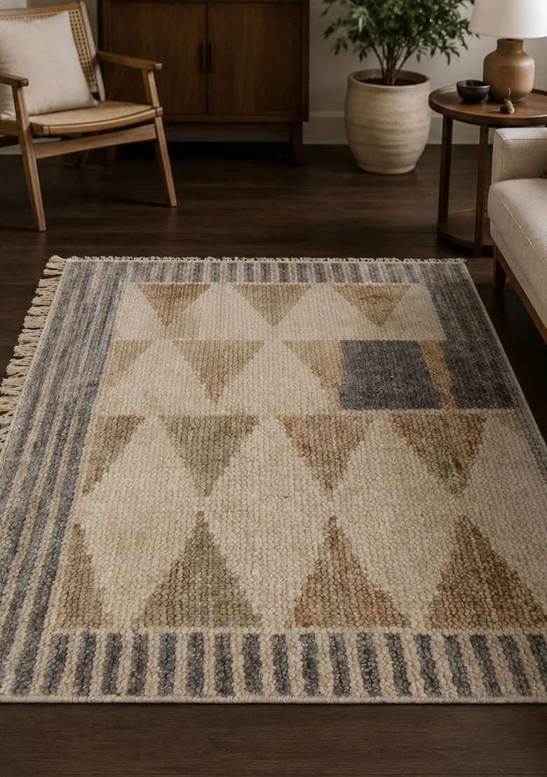 Saffron Rugs Hand Knotted Beige Wool Geometric Rectangular Rug - Indya