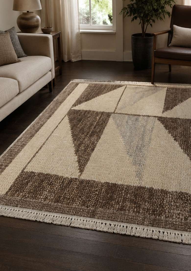 Saffron Rugs Hand Knotted Beige Brown Wool Rectangular Rug - Indya
