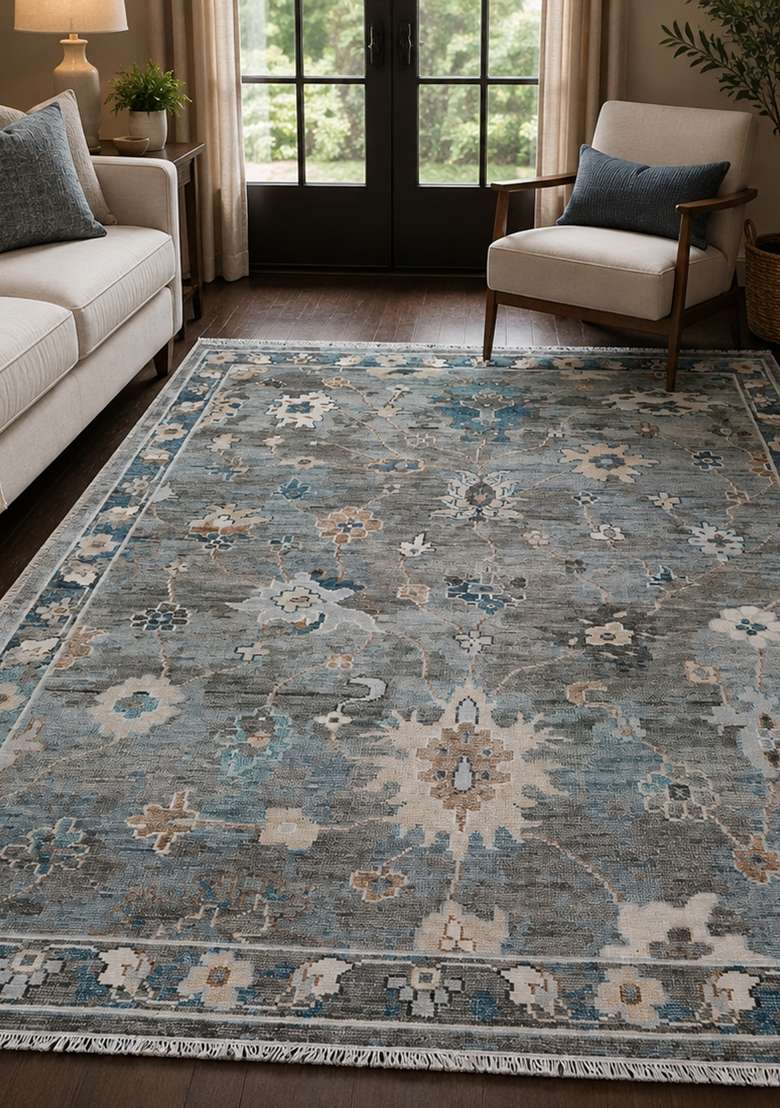 Saffron Rugs Grey Blue Floral Hand Knotted Wool Rectangular Rug - Indya
