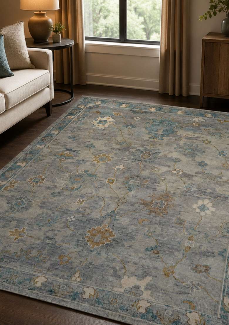 Saffron Rugs Hand Knotted Grey Blue Wool Floral Rectangular Rug - Indya