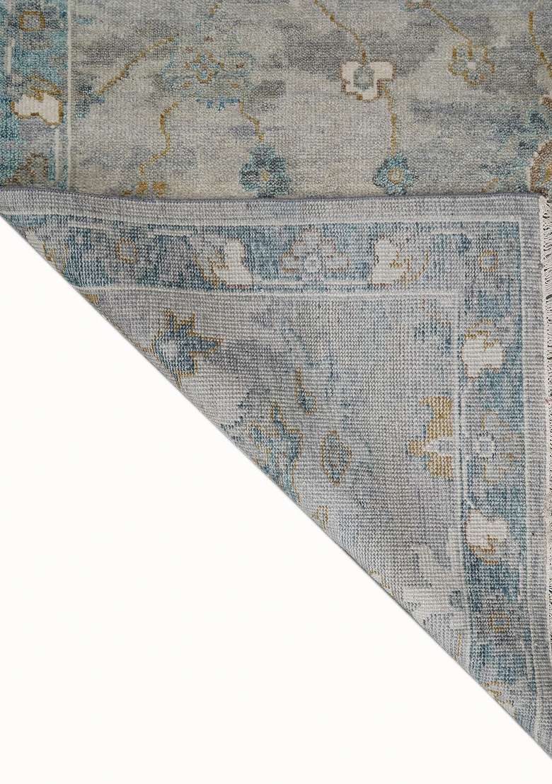 Saffron Rugs Grey Blue Floral Hand Knotted Wool Rectangular Rug - Indya