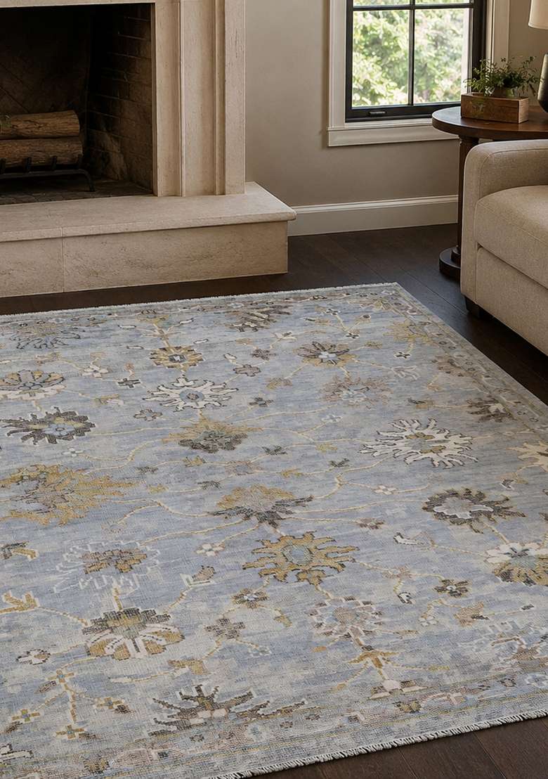 Saffron Rugs Hand Knotted Light Blue Grey Wool Rectangular Rug - Indya