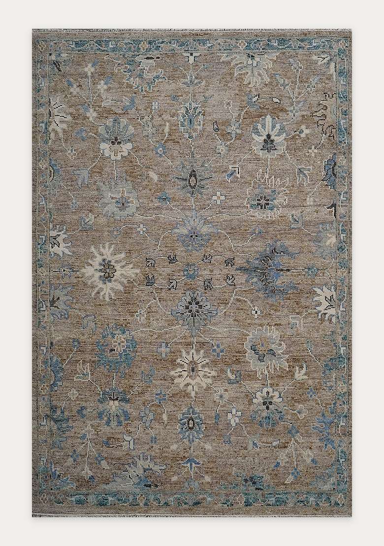 Saffron Rugs Warm Tan Blue Hand Knotted Wool Rectangular Rug - Indya