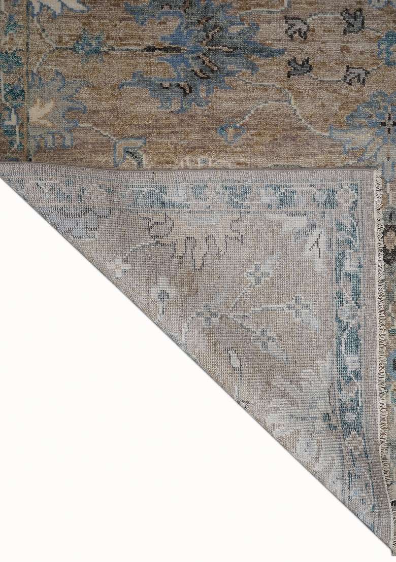 Saffron Rugs Warm Tan Blue Hand Knotted Wool Rectangular Rug - Indya