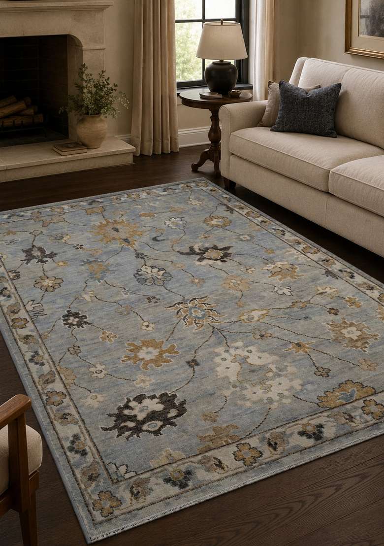Saffron Rugs Hand Knotted Blue Grey Wool Floral Rectangular Rug - Indya