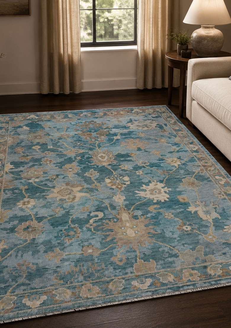 Saffron Rugs Hand Knotted Steel Blue Wool Floral Rectangular Rug - Indya