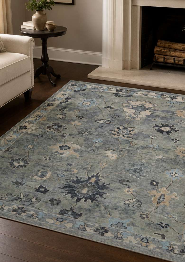 Saffron Rugs Hand Knotted Blue Grey Wool Floral Rectangular Rug - Indya