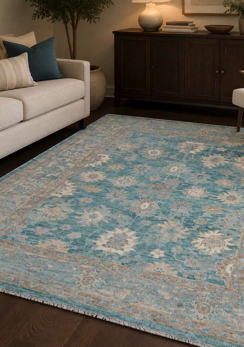 Saffron Rugs Light Teal Blue Hand Knotted Wool Rectangular Rug - Indya