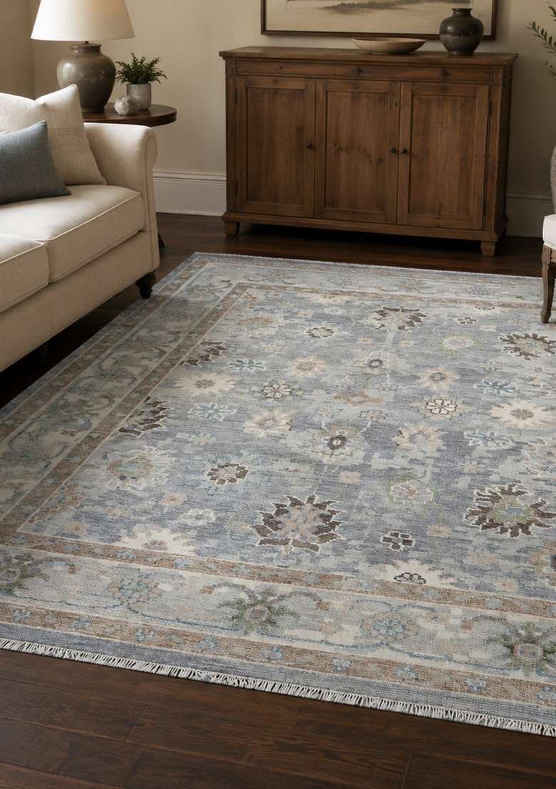 Saffron Rugs Grey Blue Floral Hand Knotted Wool Rectangular Rug - Indya