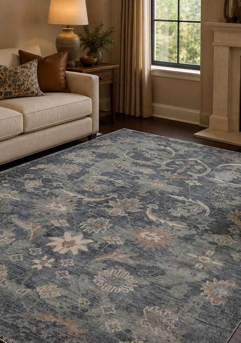 Saffron Rugs Hand Knotted Blue Grey Charcoal Wool Rug - Indya