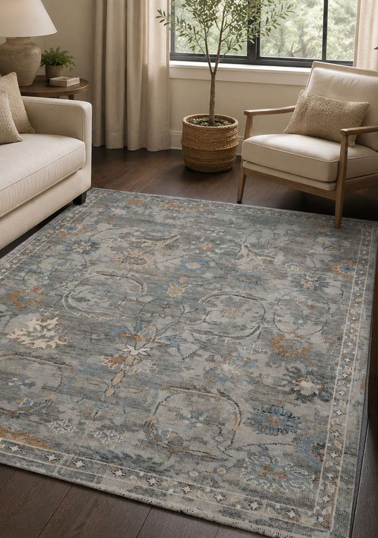 Saffron Rugs Grey Blue Floral Hand Knotted Wool Rectangular Rug - Indya