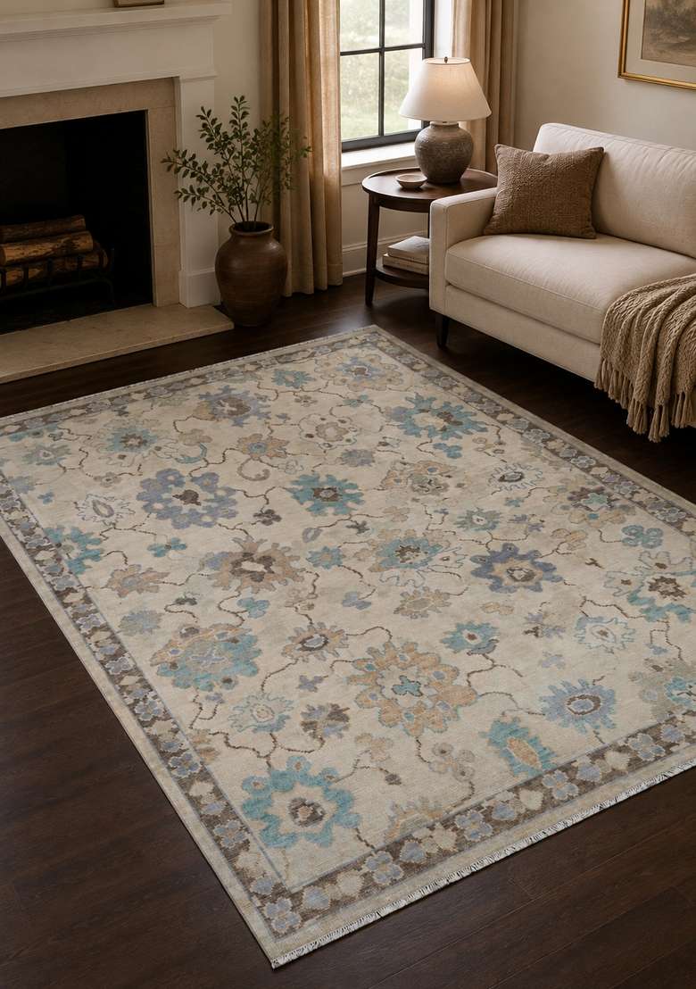 Saffron Rugs Ivory Blue Floral Hand Knotted Wool Rectangular Rug - Indya