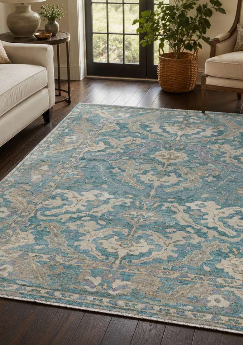 Saffron Rugs Light Teal Blue Hand Knotted Wool Rectangular Rug - Indya