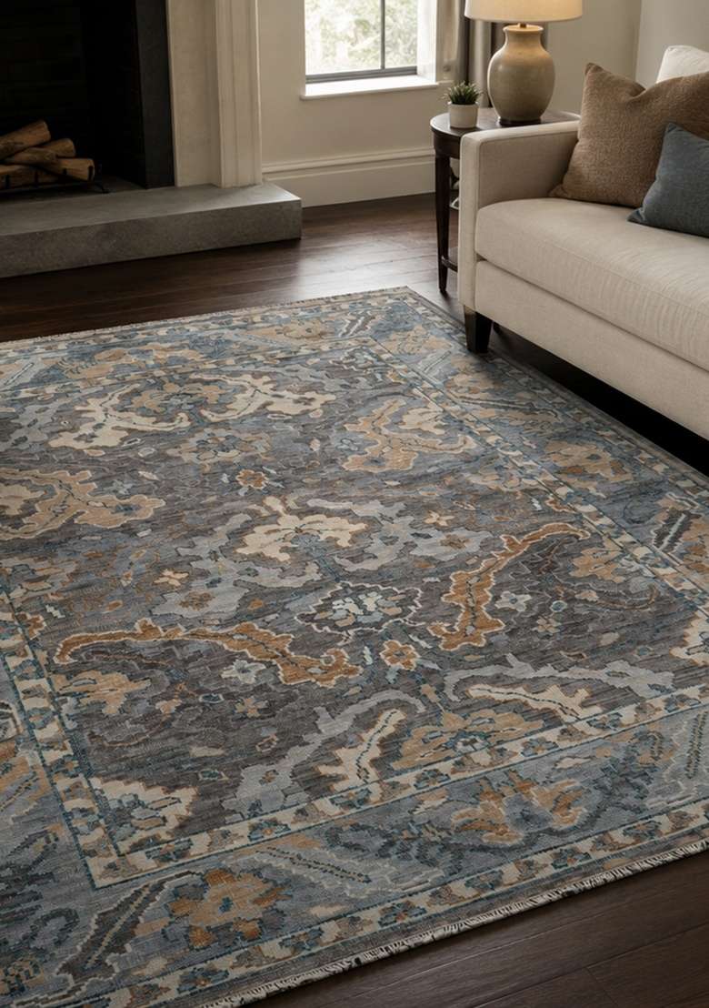 Saffron Rugs Grey Blue Brown Hand Knotted Wool Rectangular Rug - Indya