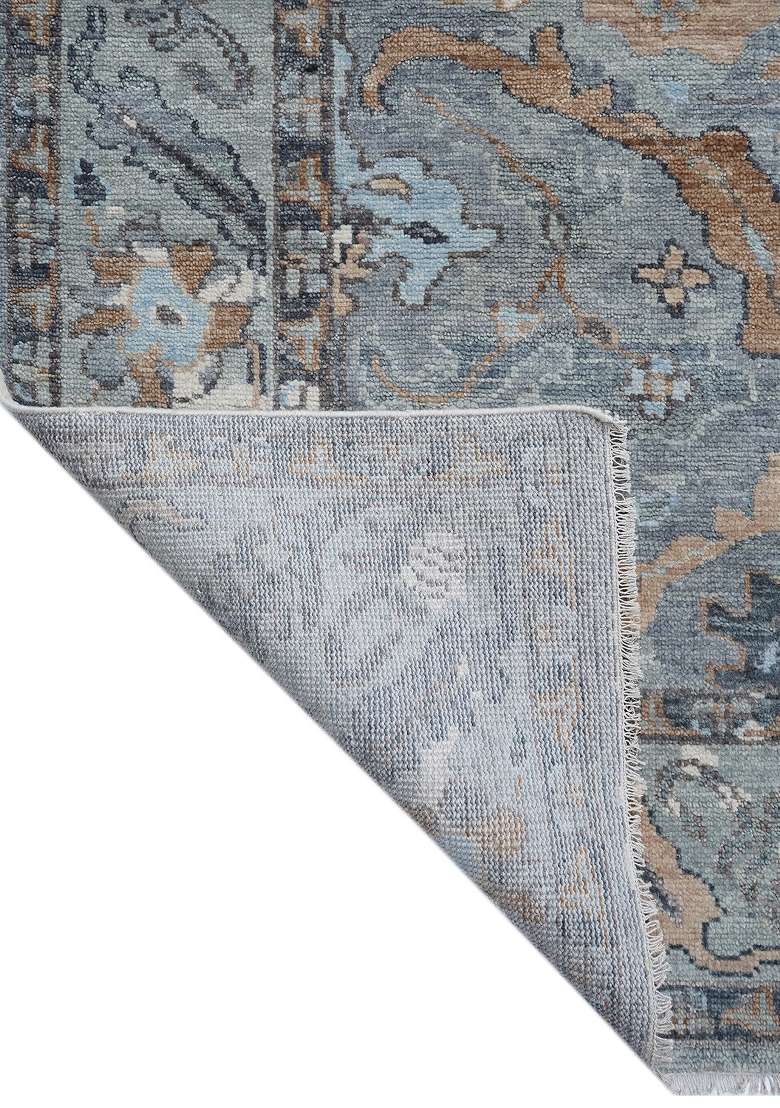 Saffron Rugs Blue Grey Floral Hand Knotted Wool Rectangular Rug - Indya