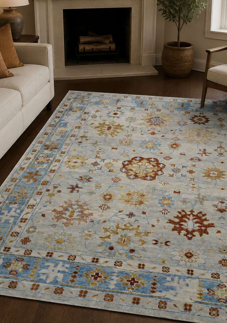 Saffron Rugs Cream Blue Floral Hand Knotted Wool Rectangular Rug - Indya