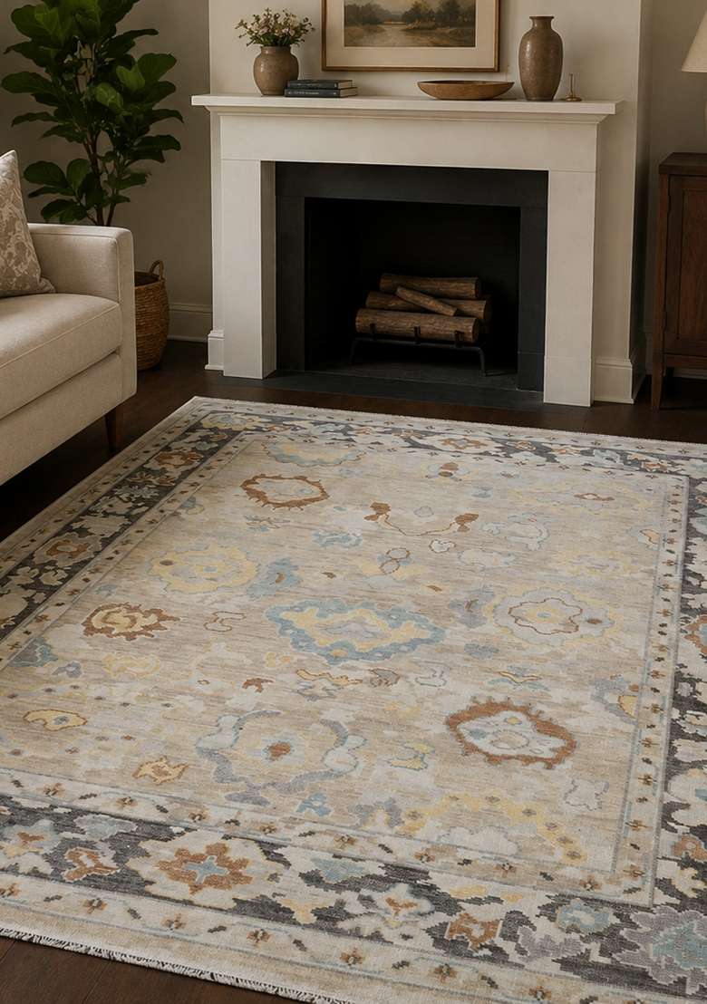Saffron Rugs Light Grey Beige Hand Knotted Wool Rectangular Rug - Indya