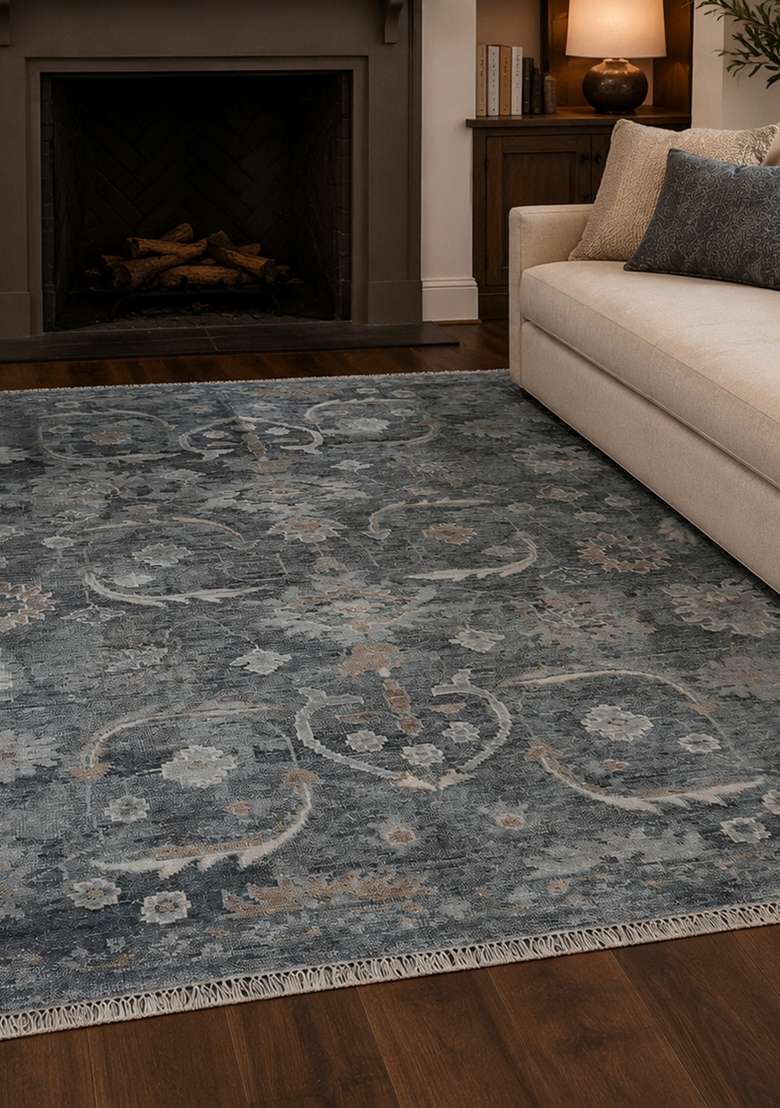 Saffron Rugs Hand Knotted Dark Blue Grey Wool Rectangular Rug - Indya