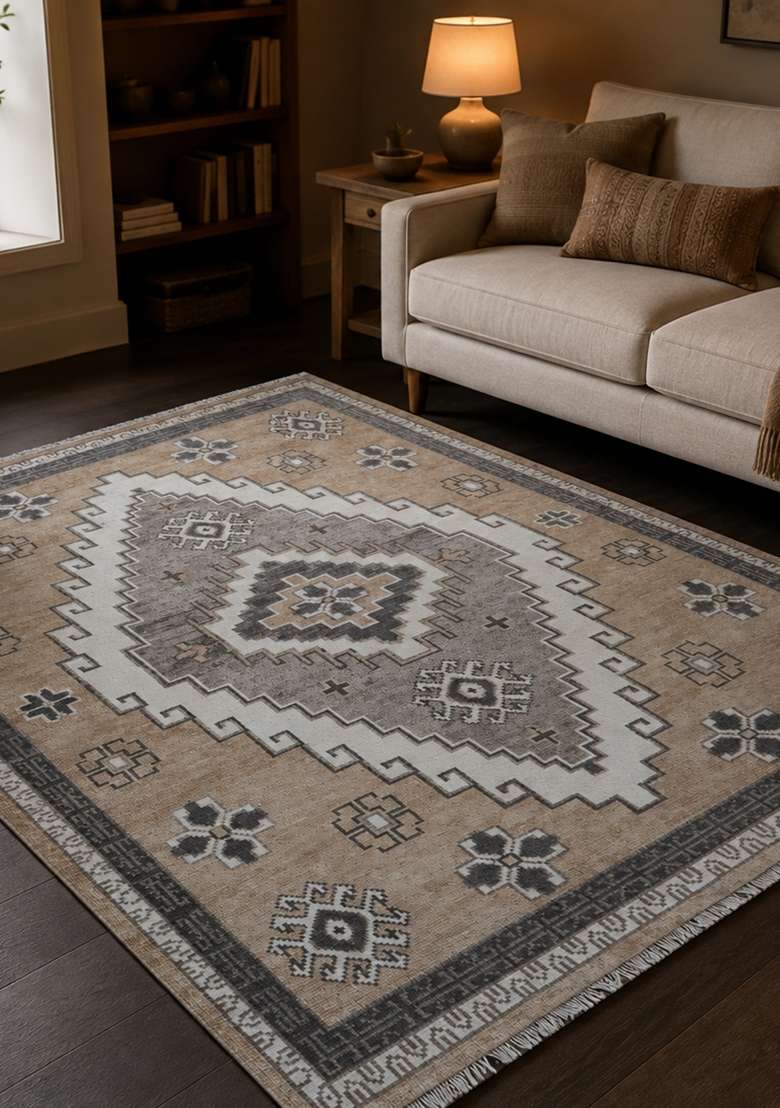 Saffron Rugs Beige Grey Hand Knotted Wool Rectangular Rug - Indya