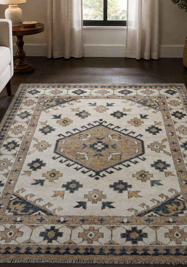 Saffron Rugs Ivory Blue Gold Hand Knotted Wool Rectangular Rug - Indya
