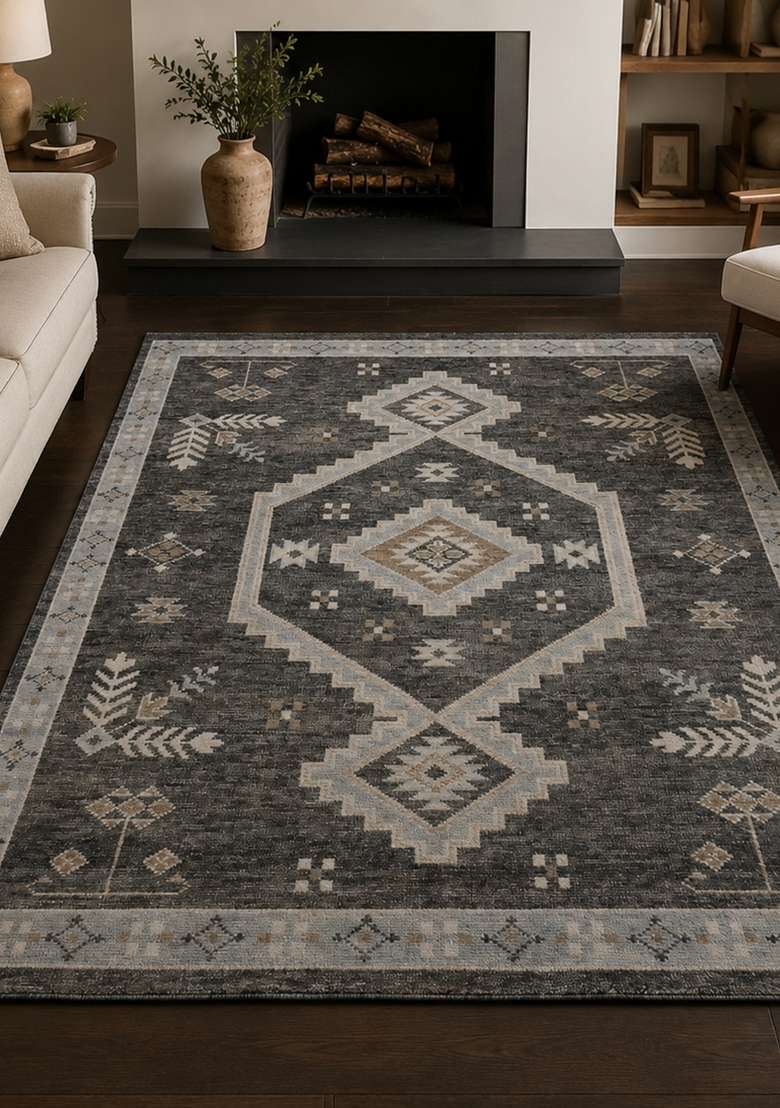 Saffron Rugs Hand Knotted Charcoal Grey Wool Rectangular Rug - Indya