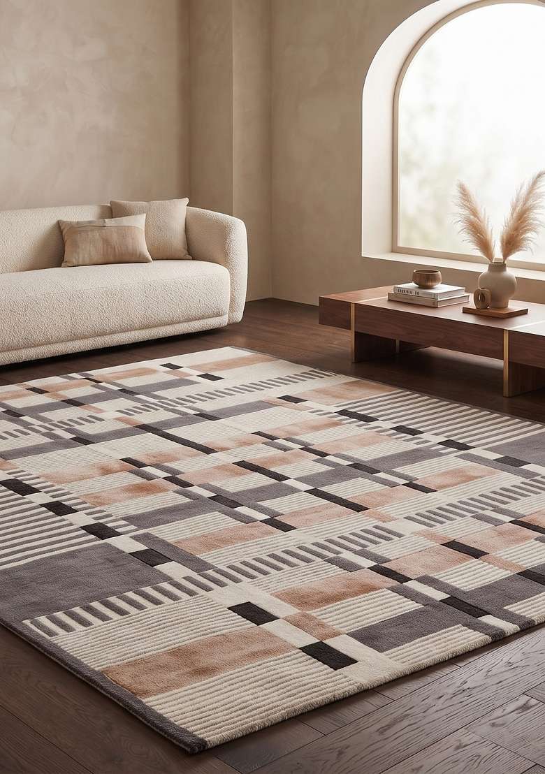 Saffron Rugs Beige Grey Brown Hand Knotted Wool Rectangular Rug - Indya