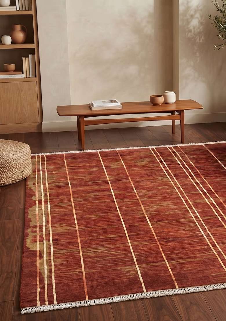 Saffron Rugs Hand Knotted Rust Red Wool Striped Rectangular Rug - Indya