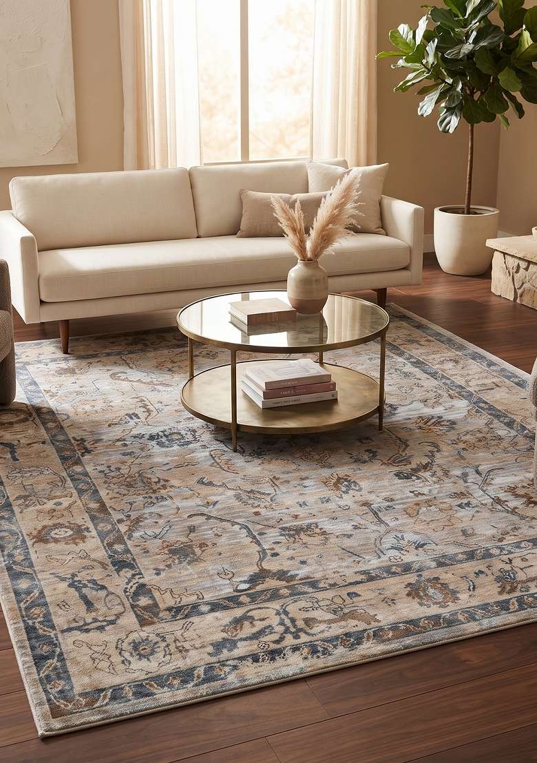 Saffron Rugs Beige Grey Floral Hand Knotted Wool Rectangular Rug - Indya