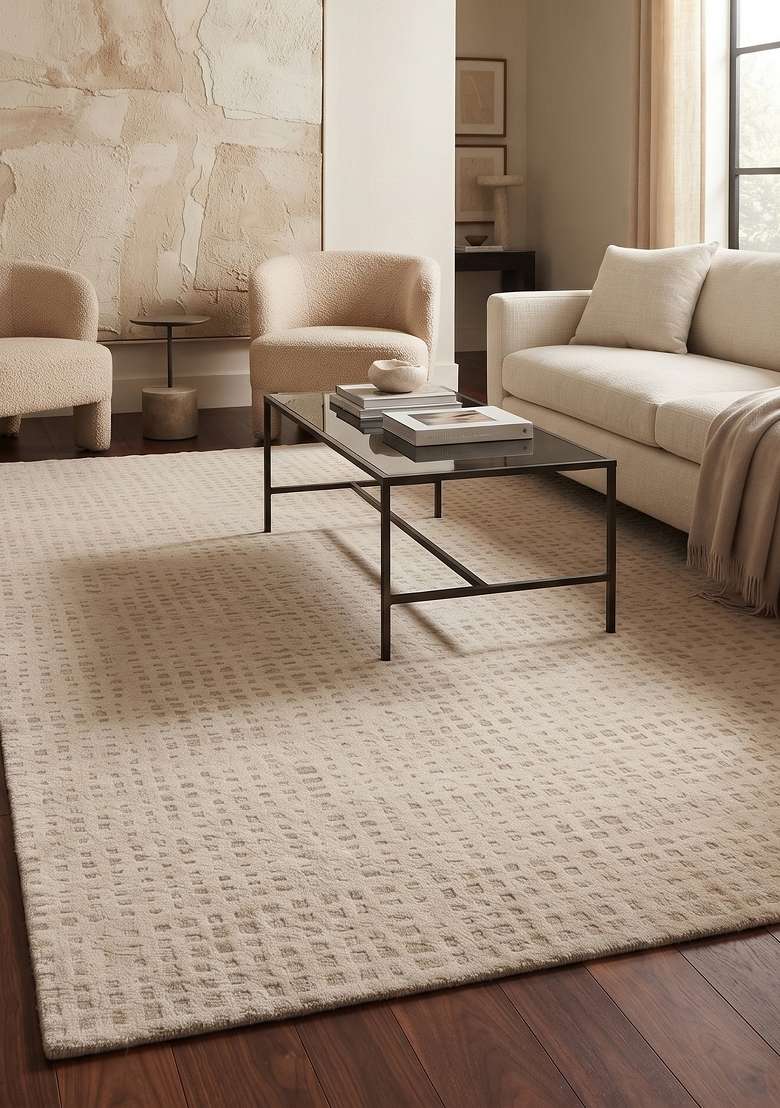 Saffron Rugs Cream Beige Hand Knotted Wool Rectangular Rug - Indya