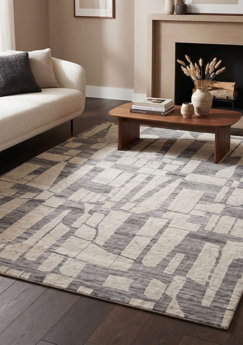 Saffron Rugs Hand Knotted Grey Cream Wool Rectangular Rug - Indya