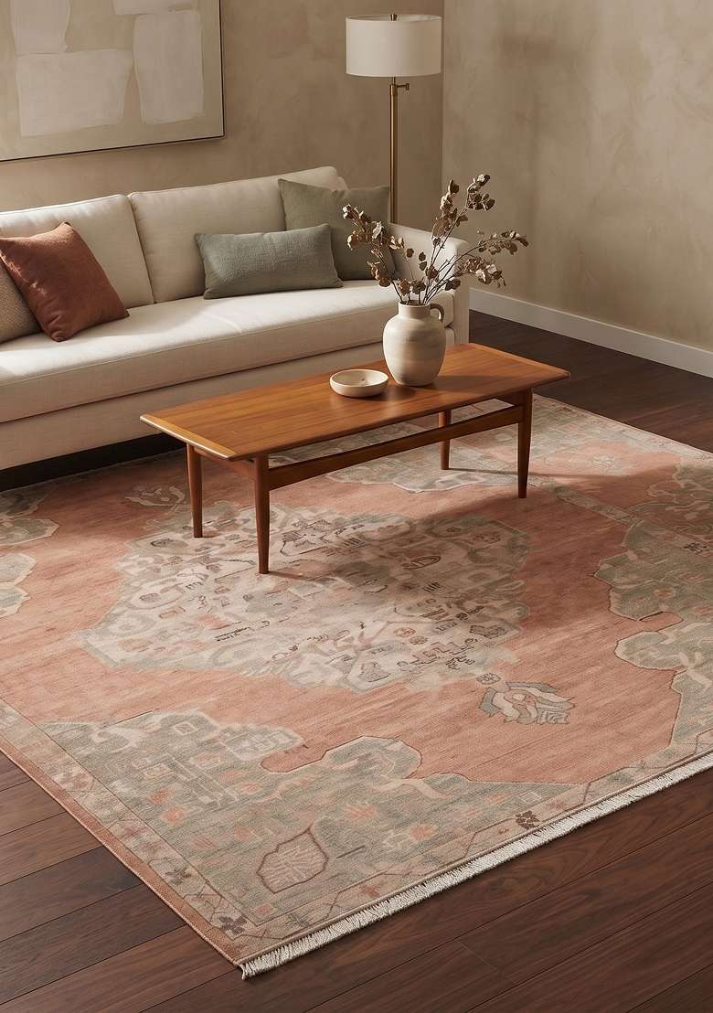 Saffron Rugs Salmon Pink Hand Knotted Wool Rectangular Rug - Indya