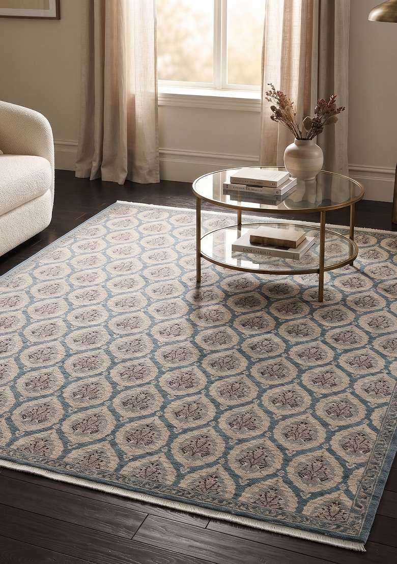 Saffron Rugs Cream Blue Hand Knotted Wool Rectangular Rug - Indya