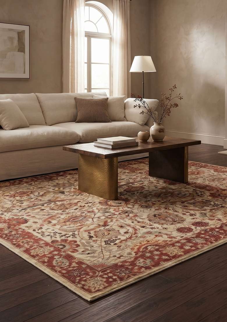 Saffron Rugs Hand Knotted Ivory and Rust Wool Rectangular Rug - Indya