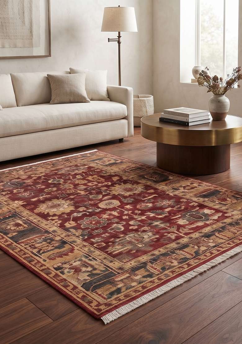 Saffron Rugs Red Floral Hand Knotted Wool Rectangular Rug - Indya