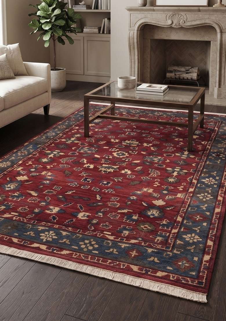 Saffron Rugs Hand Knotted Dark Red Wool Floral Rectangular Rug - Indya