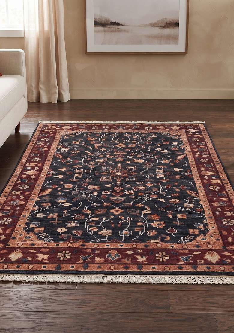 Saffron Rugs Dark Navy Blue Hand Knotted Wool Rectangular Rug - Indya