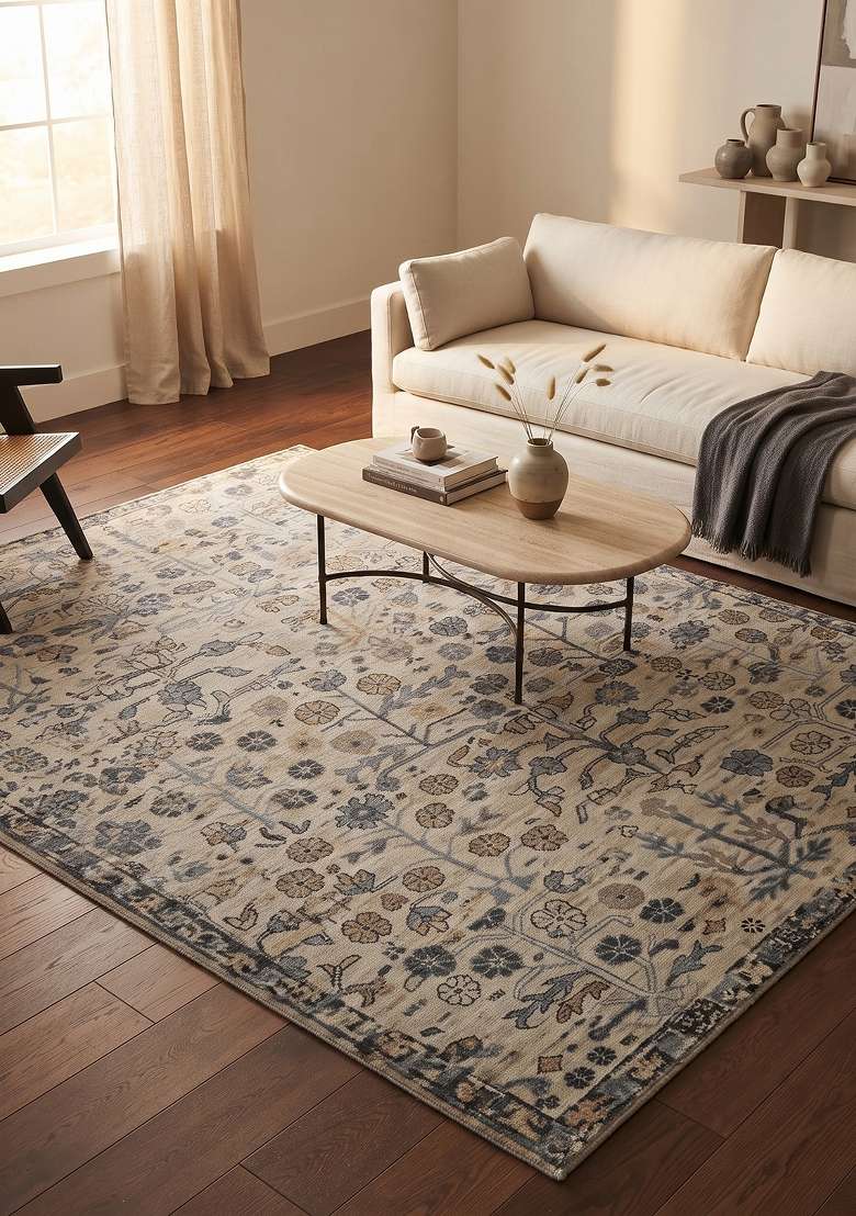 Saffron Rugs Ivory Beige Hand Knotted Wool Rectangular Rug - Indya