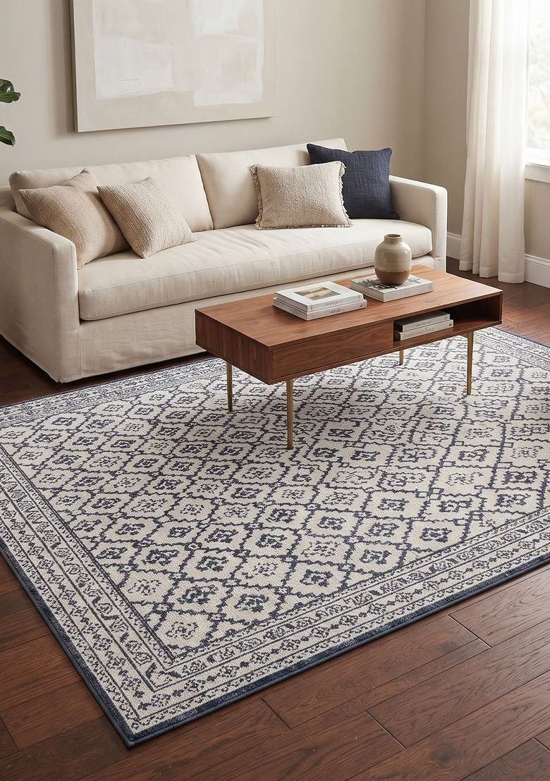 Saffron Rugs Hand Knotted Ivory and Navy Wool Rectangular Rug - Indya