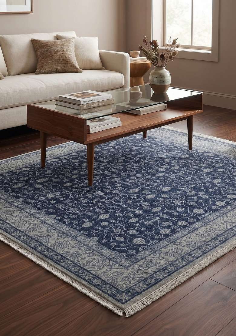 Saffron Rugs Hand Knotted Navy Blue Wool Floral Rectangular Rug - Indya