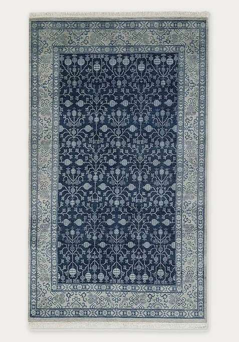 100% Wool Handmade Blue Rug | Floral Carpet For Living Room