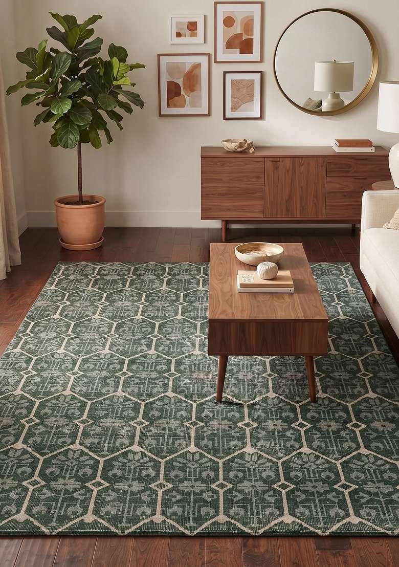 Saffron Rugs Hand Knotted Dark Forest Green Wool Rectangular Rug - Indya
