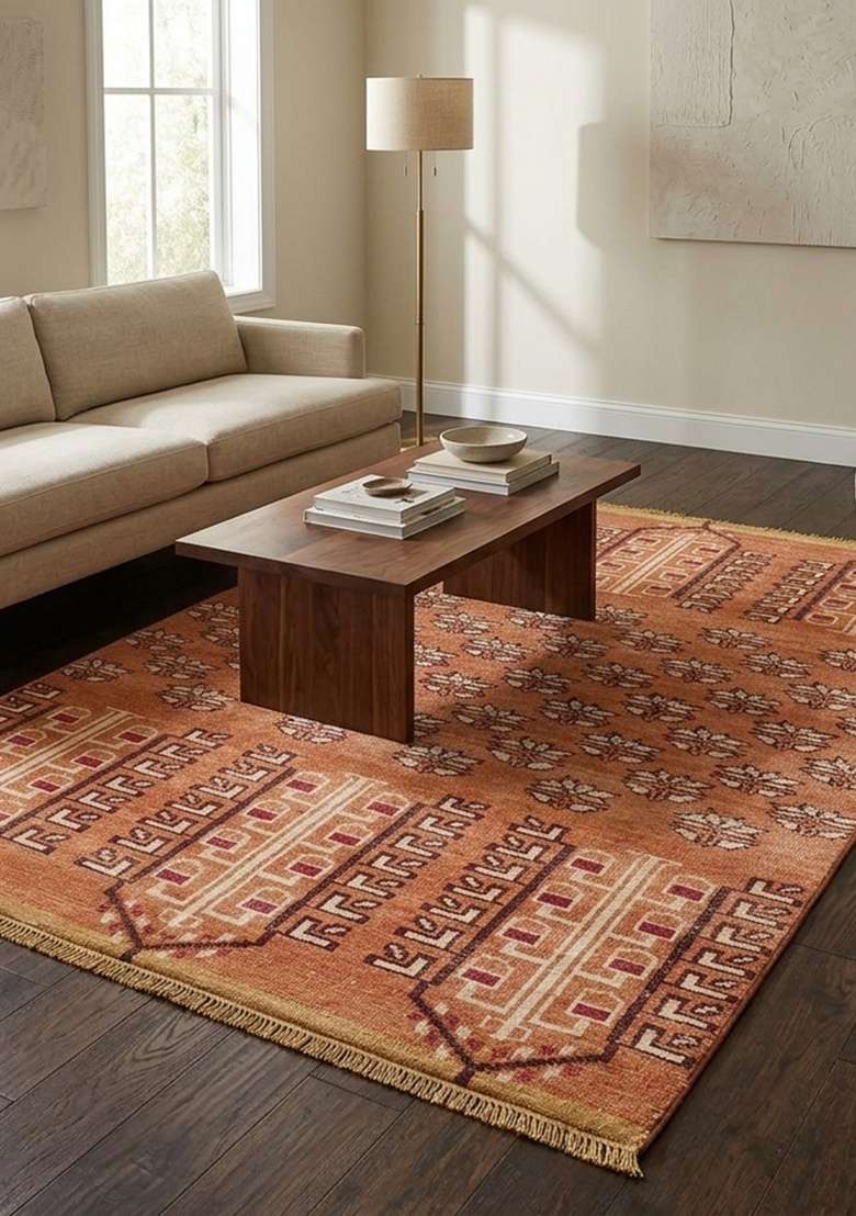 Saffron Rugs Terracotta Orange Hand Knotted Wool Rectangular Rug - Indya