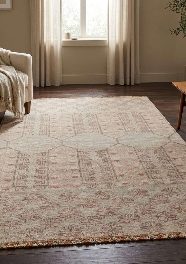 Saffron Rugs Hand Knotted Beige Wool Geometric Rectangular Rug - Indya